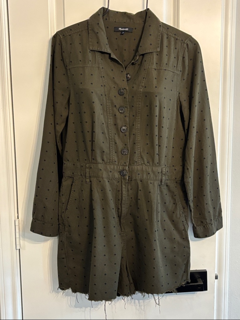 Madewell Olive Green long sleeve Button-Up distressed hemline shorts Jumpsuit- 6
